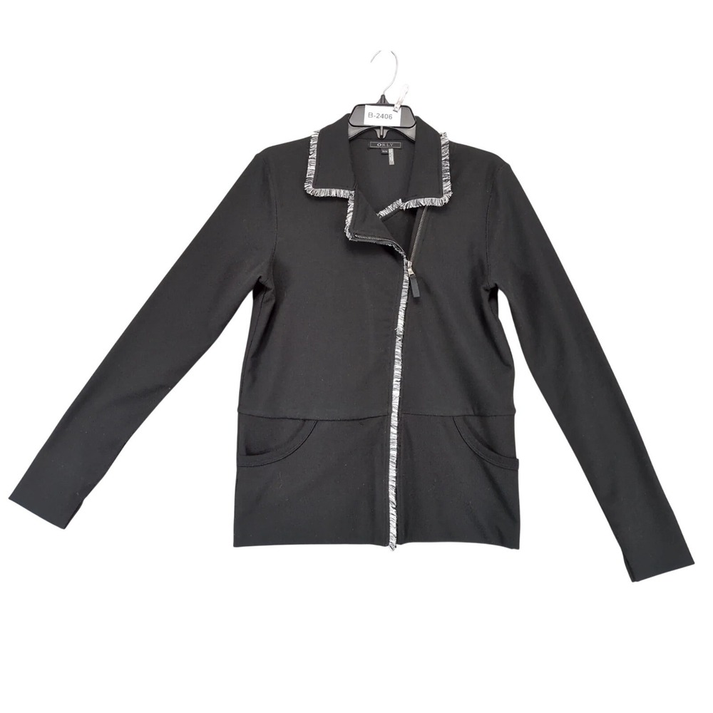 Orly Black Fringe Ribbed Knit Jacket Womens M Asymmetrical Zip City Chic Moto